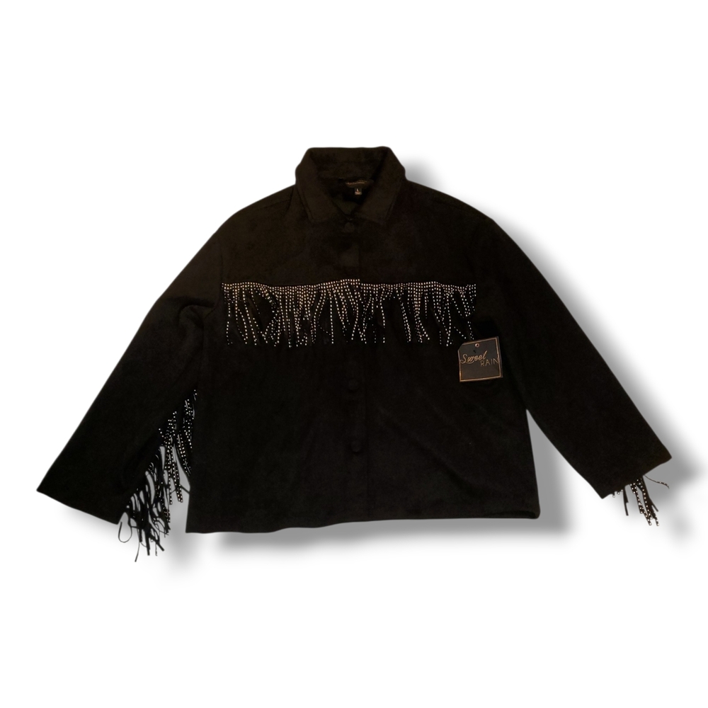 Sweet Rain Black Button-Down Fringe Jacket with Stud Accents
